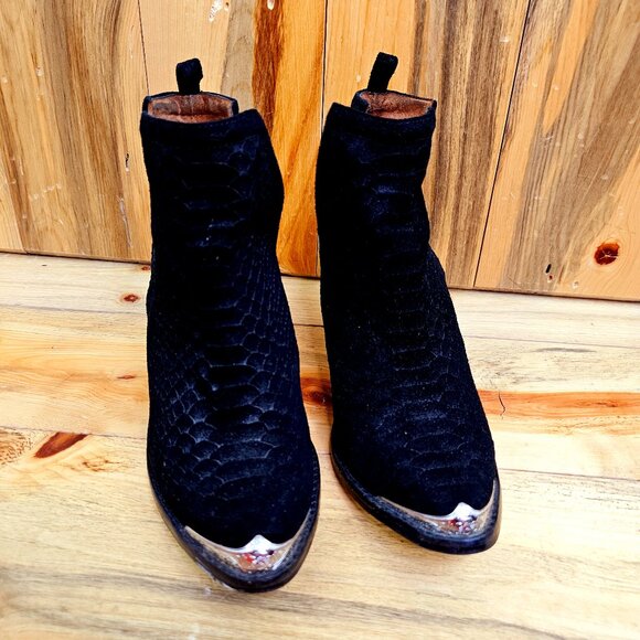 JEFFREY CAMPBELL Cromwell Black Suede Snakeskin Embossed Boots Size 7.5 - Picture 2 of 8